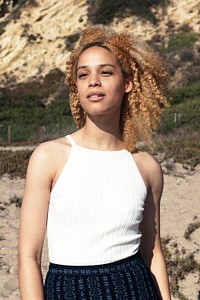 Women&rsquo;s white tank top mockup psd stylish beach apparel shoot