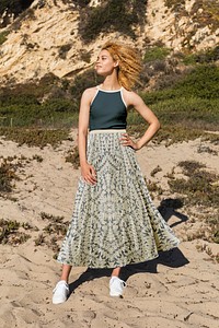 Summer outfit psd mockup stylish tank top and maxi skirt outdoor shoot