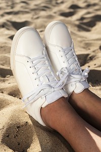 White sneakers mockup psd women’s beach fashion shoot