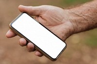Smartphone white screen mockup psd with senior man holding it