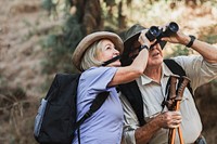 Happy retired couple enjoying nature in the Californian forest