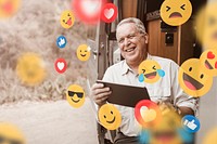 Senior man psd enjoying social media browsing on tablet
