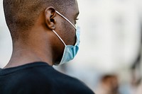 Black man wearing a mask at a Black Lives Matter protest outside the Hall of Justice in Downtown Los Angeles. 15 JUL, 2020 - LOS ANGELES, USA