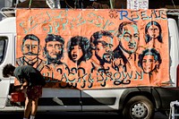 BLM banner on a van at a Black Lives Matter protest outside the Hall of Justice in Downtown Los Angeles. 15 JUL, 2020 - LOS ANGELES, USA