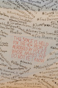 This space is held for the 40+ people murdered by police whose names we do not yet know banner at a Black Lives Matter protest outside the Hall of Justice in Downtown Los Angeles. 15 JUL, 2020 - LOS ANGELES, USA