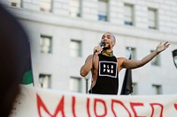 Black man giving a speech at a Black Lives Matter protest outside the Hall of Justice in Downtown Los Angeles. 15 JUL, 2020 - LOS ANGELES, USA