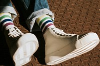 High top white sneakers mockup on model casual style