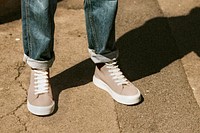 Man in blue jeans high top sneakers mockup dark tone