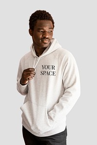 Men's white hoodie mockup on black model psd in studio