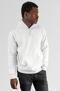 Men&#39;s white hoodie mockup on black model psd in studio