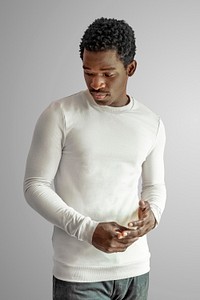 White fitted long sleeve sweater mockup on male model stucio shot psd