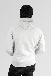 Men's white hoodie mockup on black model psd in studio