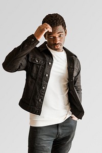 Men's black jeans jacket mockup and white t-shirt psd