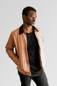 Beige tan jacket mockup with black tee psd on male model