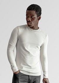 White fitted long sleeve sweater mockup on male model studio shot psd