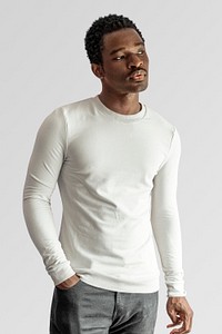 White fitted long sleeve sweater mockup on male model stucio shot psd