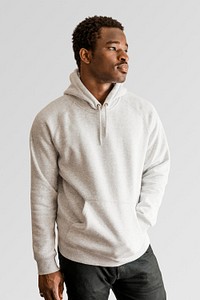 Men&#39;s white hoodie mockup sweater psd on black male model