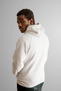 Men&#39;s white hoodie mockup sweater psd on black male model