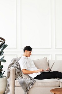 Man using a laptop on the sofa  in a Scandinavian decor living room