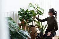 Woman tending and caring for her plant