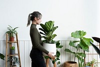 Happy woman carrying a houseplant