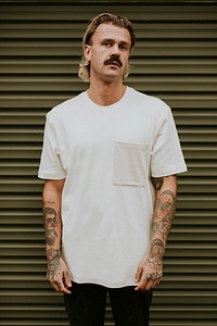 Man with mustache wearing white t-shirt with design space