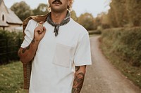 Man with mustache wearing white t-shirt with design space