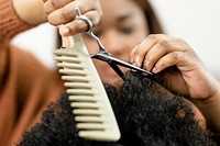 Hairstylist trimming the customer's hair at a beauty salon