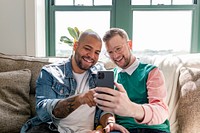 Happy gay couple image, video calling with friends