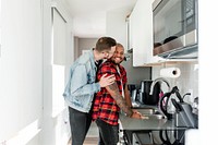 Gay couple washing dishes, happy marriage HD photo