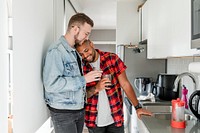 Gay couple having coffee, happy marriage HD photo