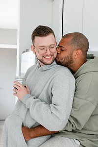 Gay couple having coffee, happy marriage HD photo