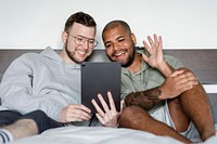 Happy gay couple image, video calling with friends