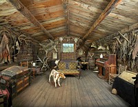 Interior of one of the original old cabins moved to this location at the Old Trail Town living-history museum in Cody, Wyoming.