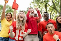 Football fans celebrating the win of their team at a tailgate party