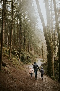 Mother walking with her daughters in the forest rear view