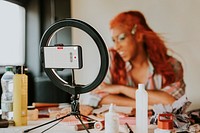 Phone screen mockup psd, LED ring light, drag show artist beauty blogger