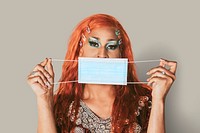 Drag queen holding blue face mask in the new normal psd