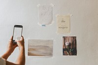 Aesthetic mood board mockup, notes & photos on wall psd