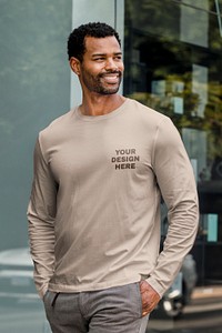 Mens’ long sleeve tee mockup psd, green/brown design, casual wear apparel fashion design