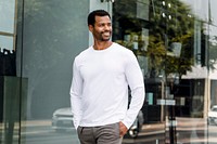 Cool man in white long sleeve tee, men’s casual apparel fashion