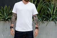 Bearded man in white tee, basic wear apparel fashion