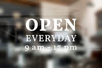 Shop sign mockup psd, working hours, blurred glass wall, small business design