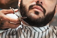 Customer getting a beard trim in a barber shop, small business