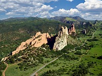 Aerial view of some of the standout red-rock formations at the Garden of the Gods, a municipally owned and free park in Colorado Springs, Colorado.