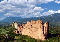 Aerial view of some of the standout red-rock formations at the Garden of the Gods, a municipally owned and free park in Colorado Springs, Colorado.