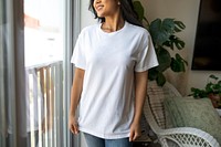 Asian woman wearing white t-shirt
