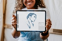 Digital tablet screen mockup psd, woman artist showing her own drawing on the tablet 