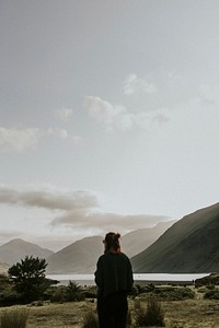 Traveler by lake background, Wast Water in Scotland