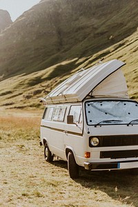 Classic campervan, beautiful camping in nature, Scottish Highlands